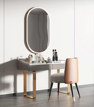Modern Dressing Table With Golden Legs And Illuminated Round Mirror With Cosmetics And Chair 3d model