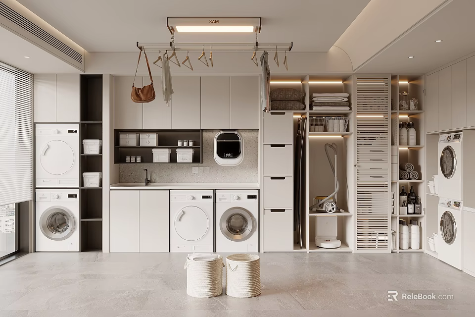 Modern Laundry Room Interior With Washing Machines Dryers Storage Cabinets Hanging Rack And Storage Baskets 3d model 