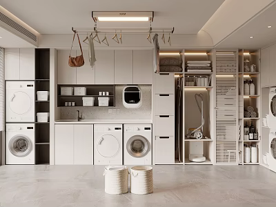 Modern Laundry Room Interior With Washing Machines Dryers Storage Cabinets Hanging Rack And Storage Baskets 3d model