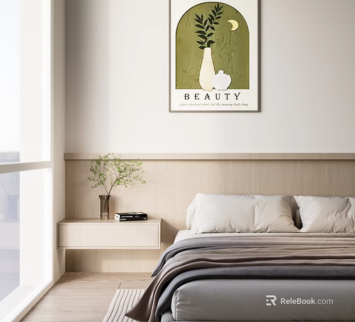 Modern Bedroom Nightstand with Vase Plant Black Item Wooden Headboard and Green Artwork 3d model 