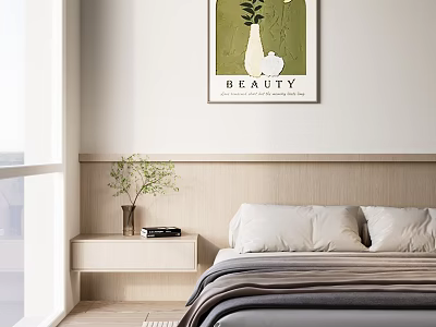 Modern Bedroom Nightstand with Vase Plant Black Item Wooden Headboard and Green Artwork 3d model