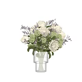 Elegant Beige Peony Flowers In Transparent Striped Vase With Green Leaves And Purple Blooms