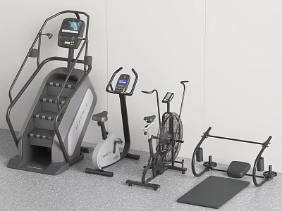 Essential Sports Equipment Including Stair Climber Exercise Bike Air Bike Ab Bench and Yoga Mat 3d model
