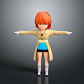 Cartoon Child with Red Hair Beige Coat Blue Top Black Shorts Arms Outstretched on Gray