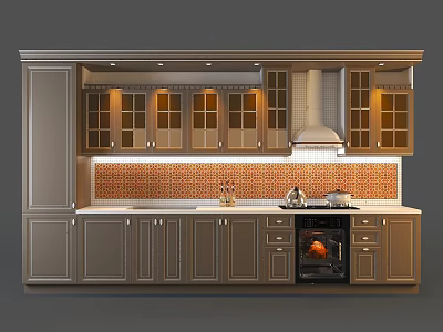Modern Kitchen Cabinets with Upper Lower Storage and Tile Backsplash Countertop Range Hood 3d model