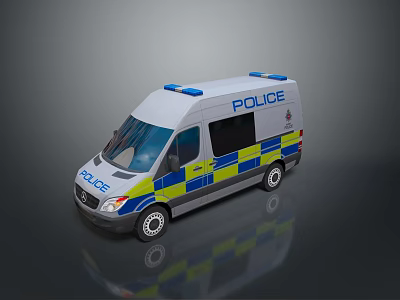 White Police Van With Blue Yellow Checkered Pattern And Top Blue Lights 3d model