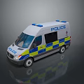 White Police Van With Blue Yellow Checkered Pattern And Top Blue Lights