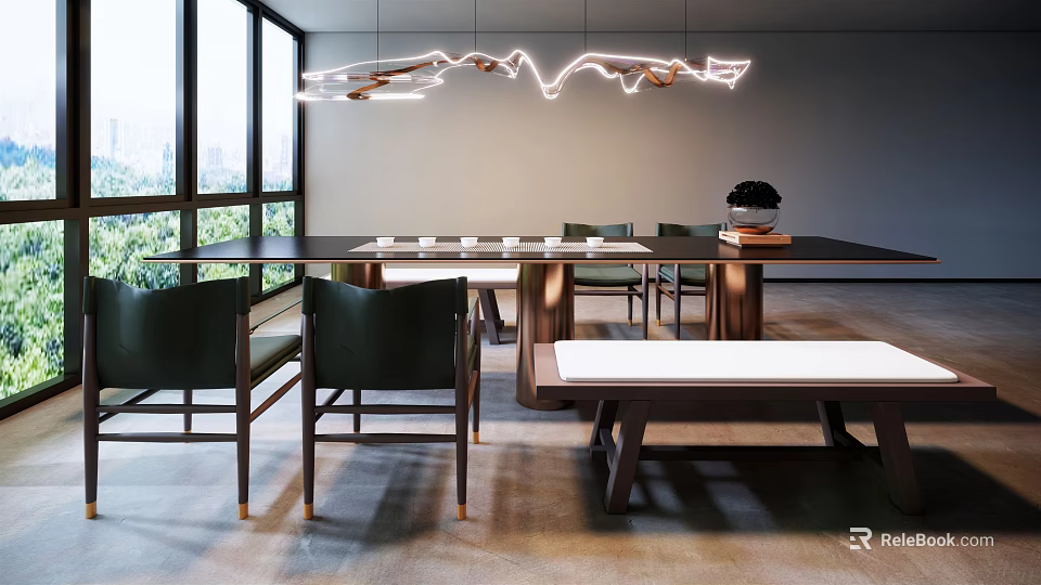 Modern Tea Room Interior With Large Windows Long Wooden Table Green Chairs And Pendant Lights 3d model 