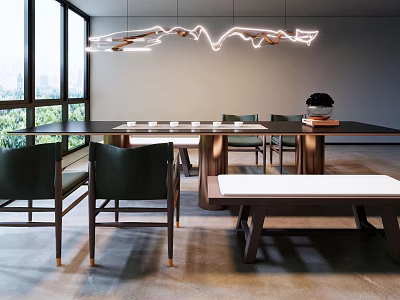 Modern Tea Room Interior With Large Windows Long Wooden Table Green Chairs And Pendant Lights 3d model