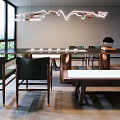 Modern Tea Room Interior With Large Windows Long Wooden Table Green Chairs And Pendant Lights