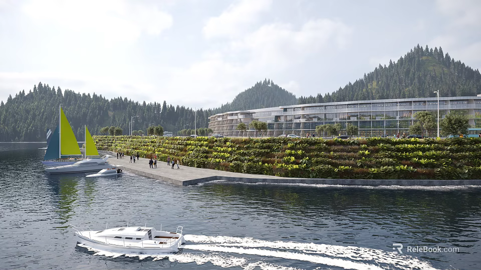 Modern Office Building On Waterfront With Green Wall And Forest View Near Sailing Yacht 3d model 