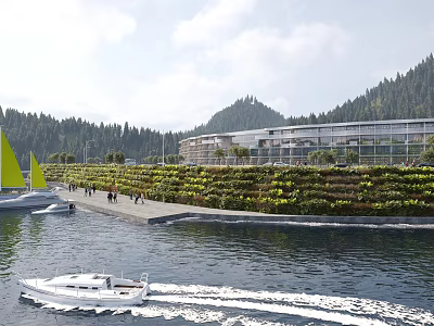 Modern Office Building On Waterfront With Green Wall And Forest View Near Sailing Yacht 3d model