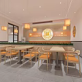Modern Restaurant Interior With Service Counter Wooden Tables And Warm Pendant Lights