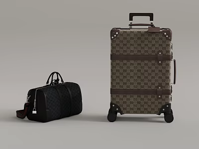 Black Duffel Bag And Checkerboard Trolley Suitcase With Brown Straps And Wheels 3d model