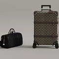 Black Duffel Bag And Checkerboard Trolley Suitcase With Brown Straps And Wheels