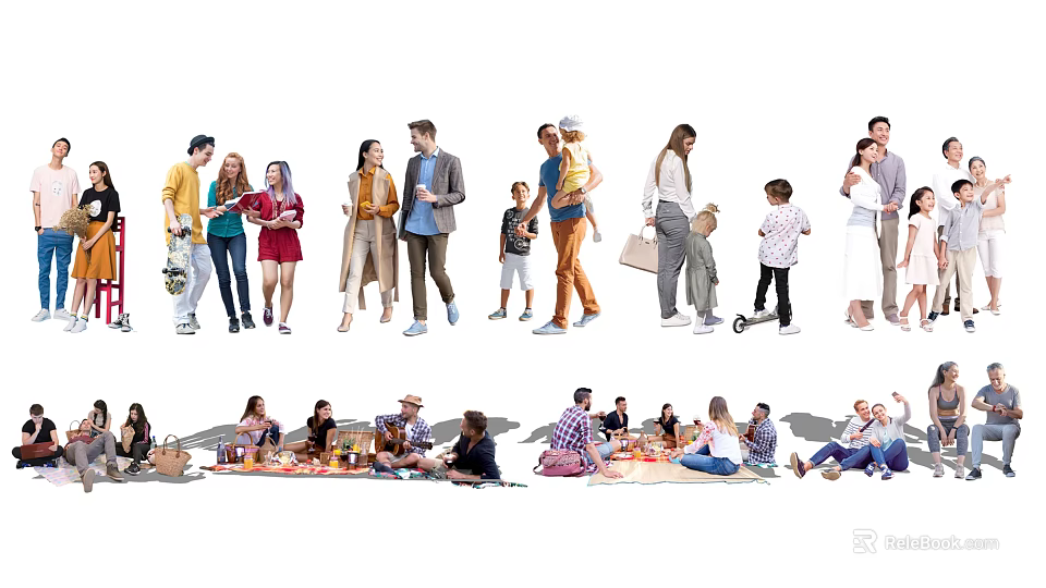 People Walking Interacting and Having Picnic in Outdoor Group Settings 3d model 