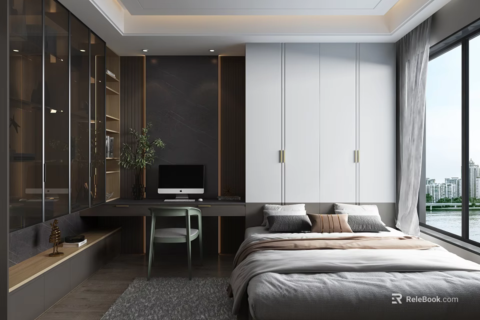 Modern Tatami Bedroom Interior Design With Platform Bed Storage Cabinets Study Desk And Window View 3d model 