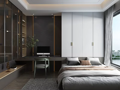 Modern Tatami Bedroom Interior Design With Platform Bed Storage Cabinets Study Desk And Window View 3d model