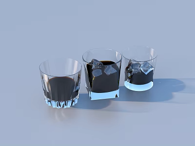 Wine Bottle and Glasses with Dark Liquid Some with Ice Cubes on Light Blue Background 3d model