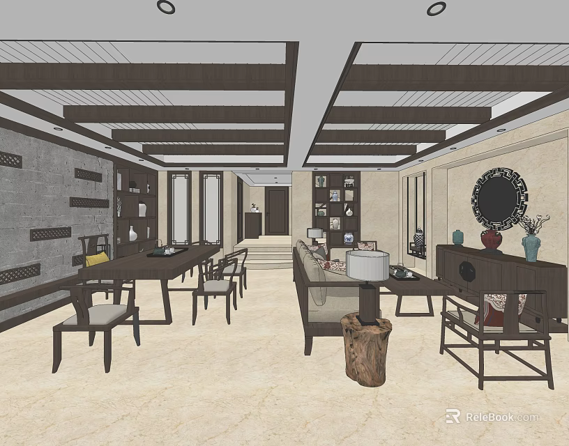 Spacious Hotel Public Lounge With Wooden Ceiling Built in Shelves and Comfortable Sofas 3d model 