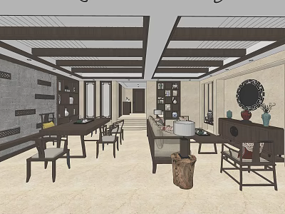 Spacious Hotel Public Lounge With Wooden Ceiling Built in Shelves and Comfortable Sofas 3d model