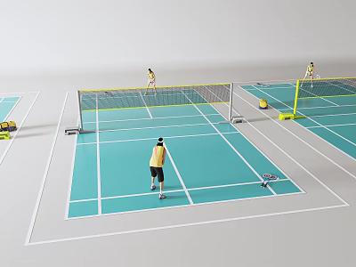 Sports Equipment For Badminton Court With Net Rackets And Active Players 3d model
