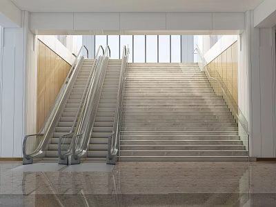 Modern Building Hall Interior With Silver Escalator And Staircase On Marble Floor 3d model