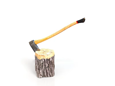 Axe With Wooden Handle And Metal Head On Chopped Textured Tree Stump 3d model
