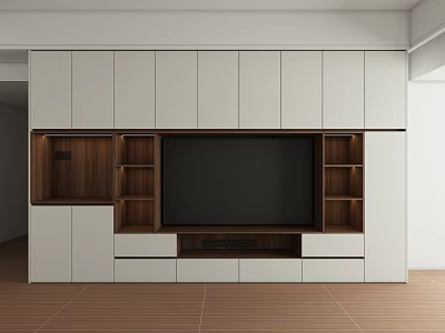 Modern Minimalist TV Stand With White Cabinetry Black Screen Wooden Shelves And Drawers 3d model