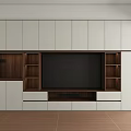 Modern Minimalist TV Stand With White Cabinetry Black Screen Wooden Shelves And Drawers