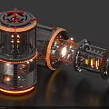 Futuristic Cylindrical Weapon with Transparent Metal Body Red Orange Edge Glowing Lights and Mechanical Structure 3d model