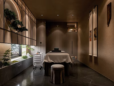 Serene SPA Sauna Interior With Massage Table Round Mirror And Wooden Decor 3d model