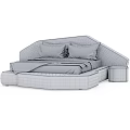 Modern Beige Double Bed With Curved Headboard Pillows Blanket And Side Table