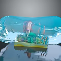Colorful Feathered Headdress Character and Small Creatures Inside Transparent Blue Crystal on Yellow Base