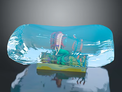 Colorful Feathered Headdress Character and Small Creatures Inside Transparent Blue Crystal on Yellow Base 3d model