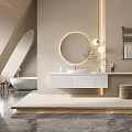 Modern Bathroom Vanity With White Sink Round Mirror Soft Lighting And Marble Floor