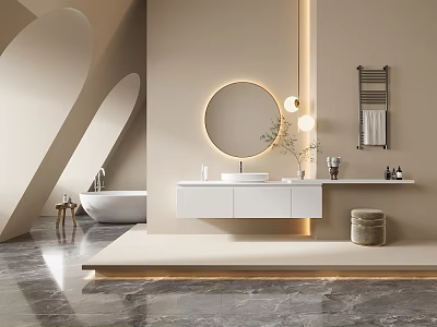 Modern Bathroom Vanity With White Sink Round Mirror Soft Lighting And Marble Floor 3d model