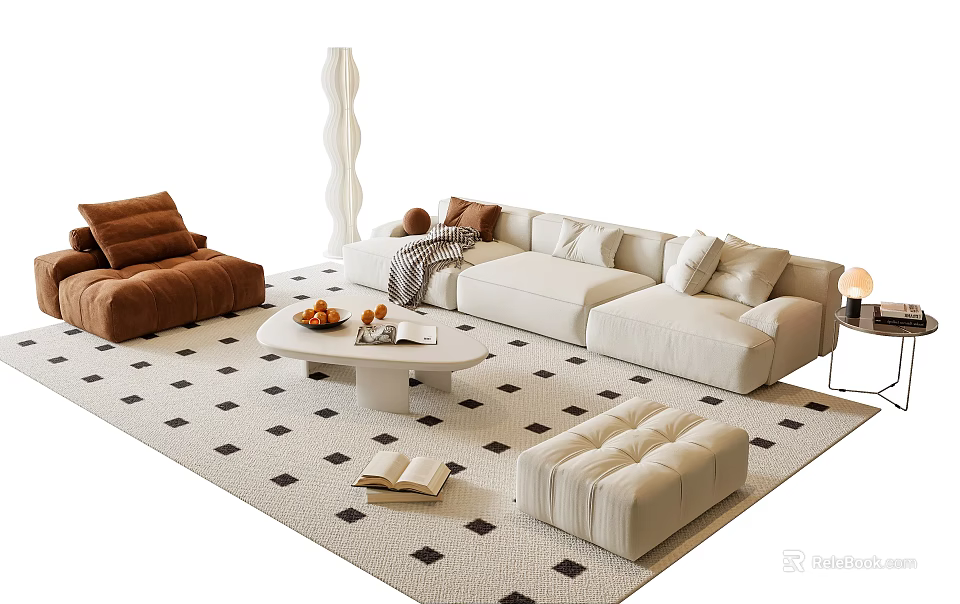 Elegant Modern Beige Sofa Coffee Table Set With Geometric Rug Plush Pillows And Stuffed Ottoman 3d model 