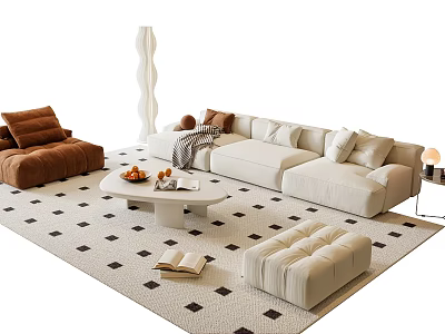 Elegant Modern Beige Sofa Coffee Table Set With Geometric Rug Plush Pillows And Stuffed Ottoman 3d model