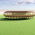 Wooden Observation Deck Curved Circular Frame Design With Green Grass And Blue Sky