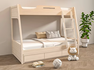 Wooden Bunk Bed with Storage Drawers Mattress Pillows Toys and Plant in Kids Bedroom 3d model