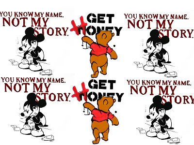 Unique Wall Decor Featuring Mickey Figures Teddy Bear Story Text Red Crossed Out Get Money 3d model
