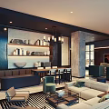 Cozy Hotel Public Lounge Area With Shelves Vases Books Fireplace And Warm Lighting