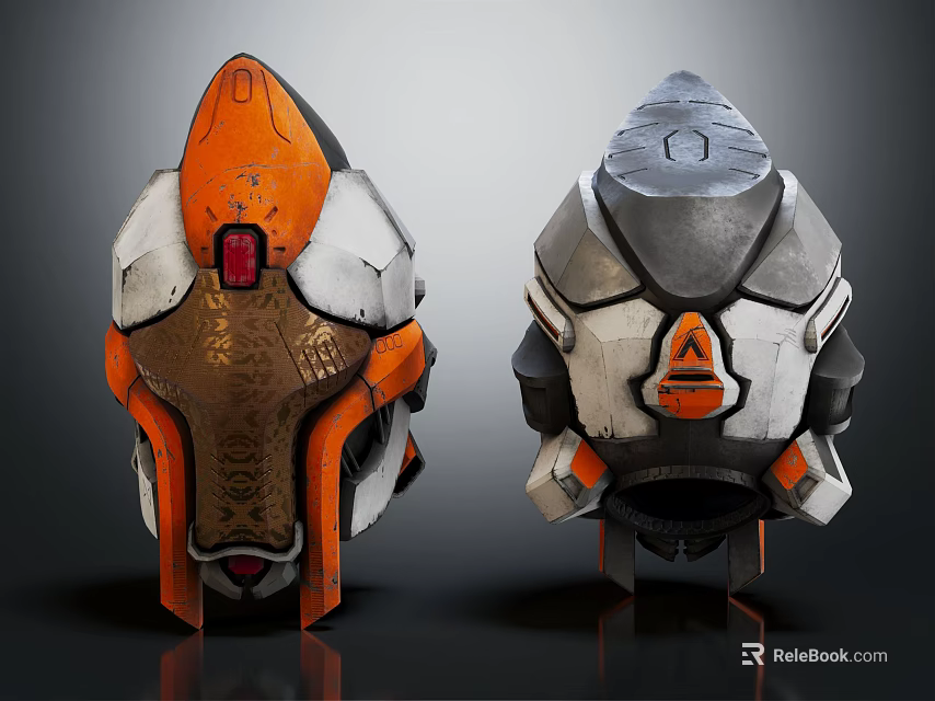 Two Sci Fi Helmets In Orange White Gray Gold With Red Indicator And Triangle Logo 3d model 