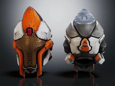 Two Sci Fi Helmets In Orange White Gray Gold With Red Indicator And Triangle Logo 3d model
