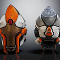 Two Sci Fi Helmets In Orange White Gray Gold With Red Indicator And Triangle Logo