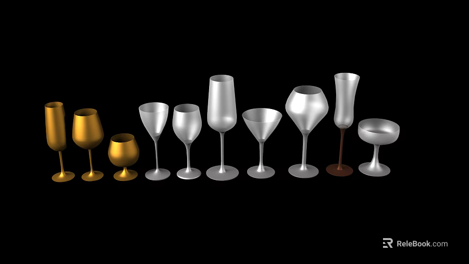 Various Styles Of Wine Bottles And Glasses With Gold Silver Colors Arranged On Black Background 3d model 