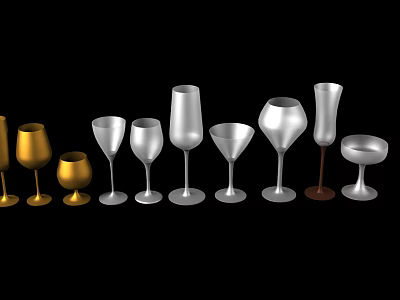 Various Styles Of Wine Bottles And Glasses With Gold Silver Colors Arranged On Black Background 3d model
