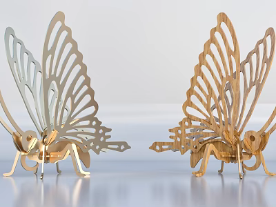 Carved Butterfly Sculptures Featuring Intricate Wing Design Metallic And Wooden Craft 3d model