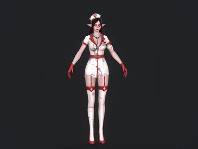 Woman In White Red Nurse Uniform With Elf Ears Stockings Red Gloves And Shoes 3d model
